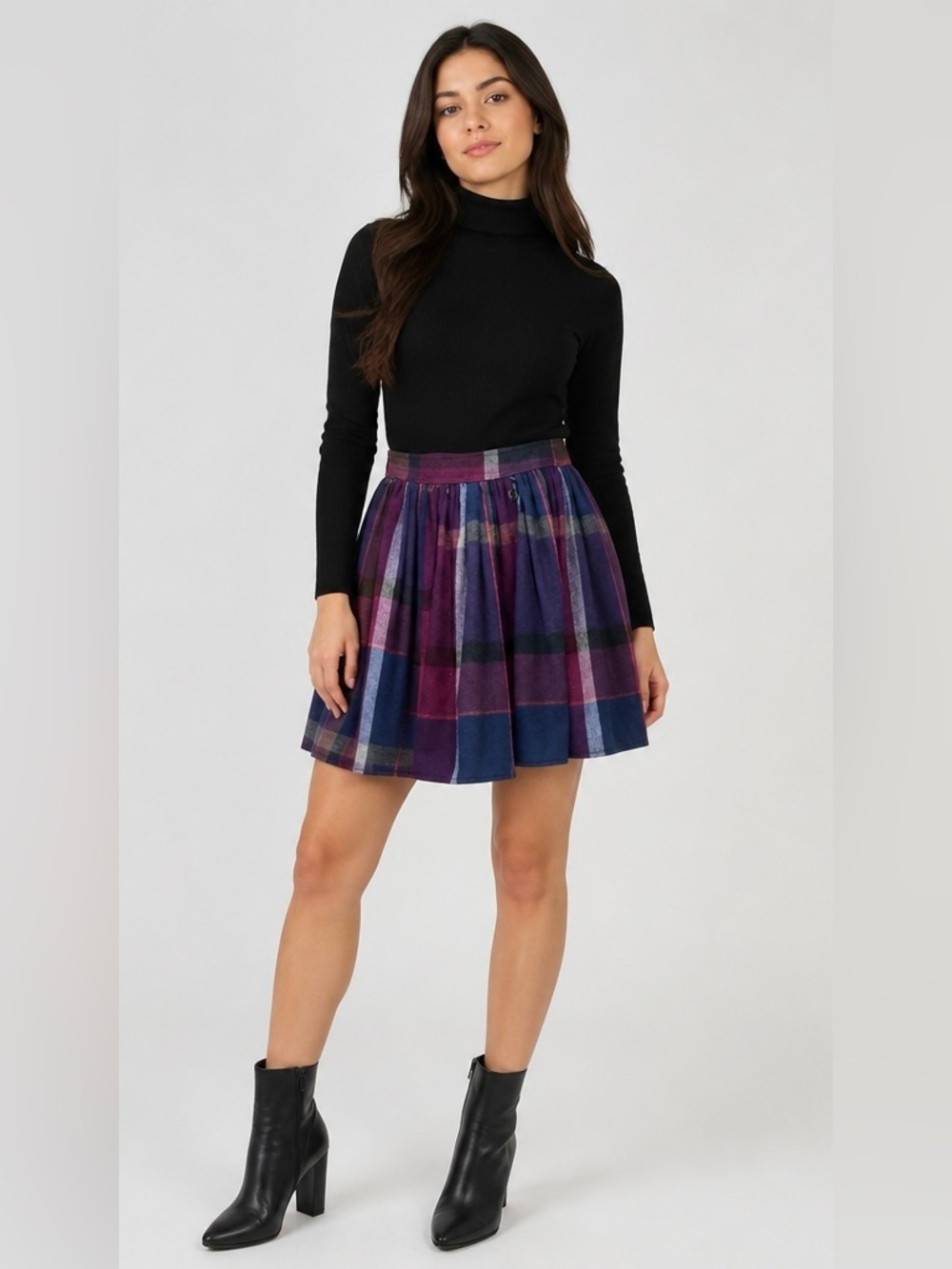 Vintage Style Plaid Woolen Midi Skirt Purple Blue Academia Cottagecore Large